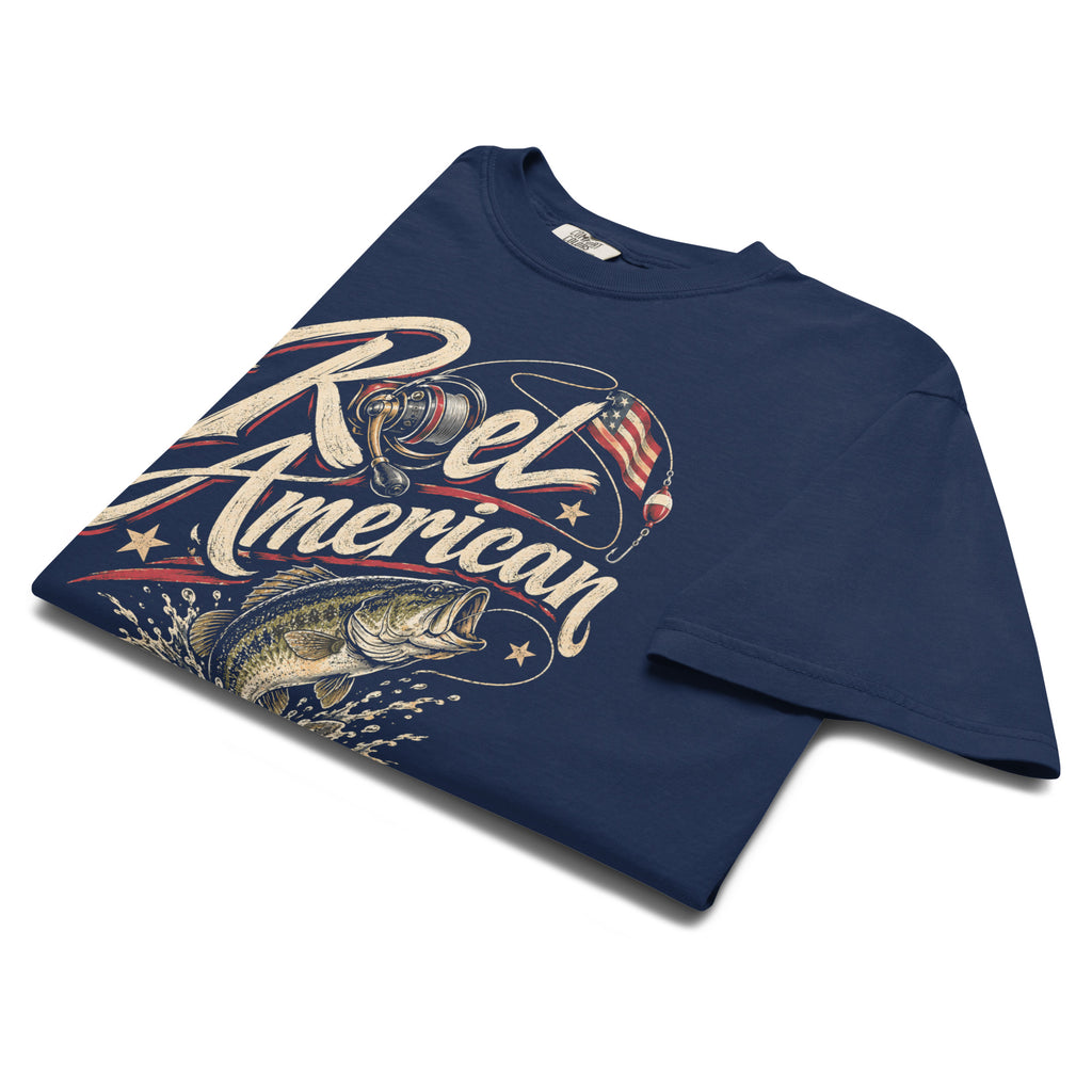 blue men's t-shirt with Reel American written in large lettering, with a fishing reel as one of the letters and bass graphic 