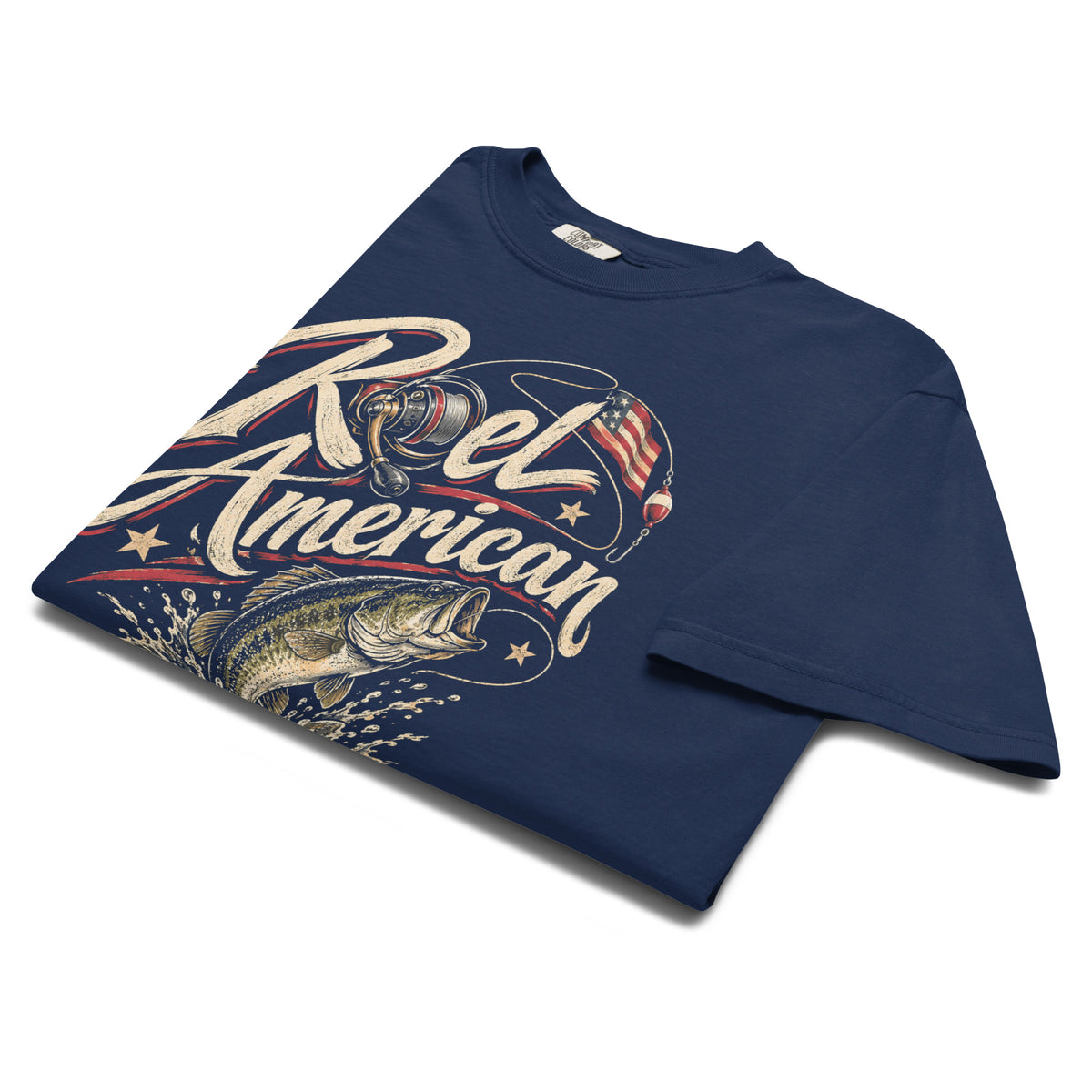 blue men's t-shirt with Reel American written in large lettering, with a fishing reel as one of the letters and bass graphic 