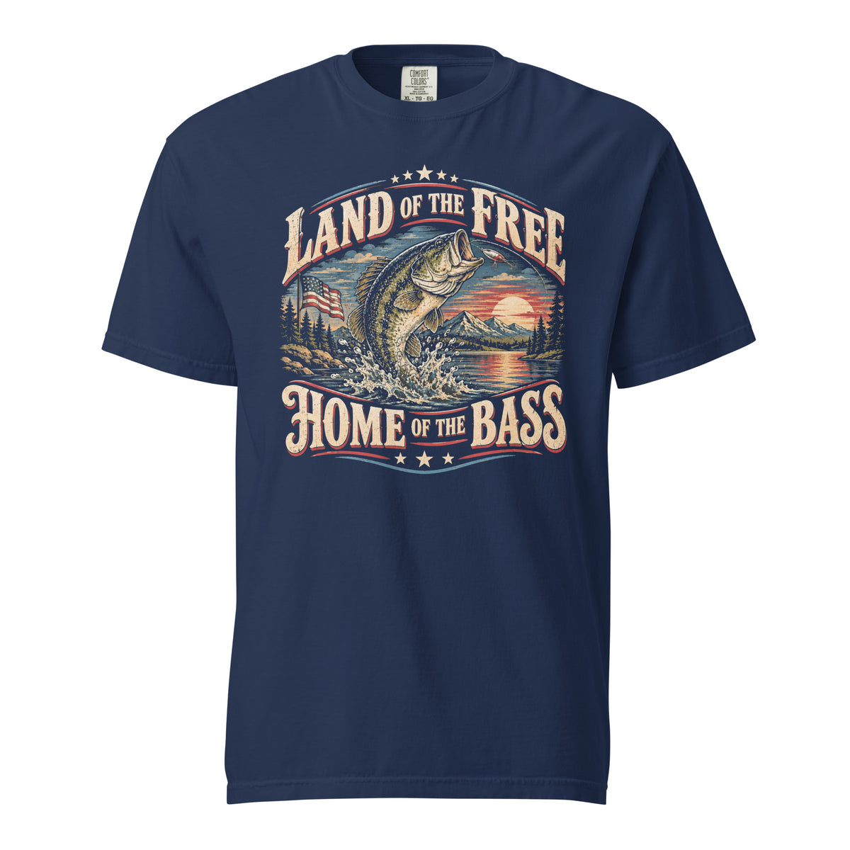 blue men's t-shirt with "Land of the free home of the bass" written in large lettering, with a bass and sunset graphic in the center