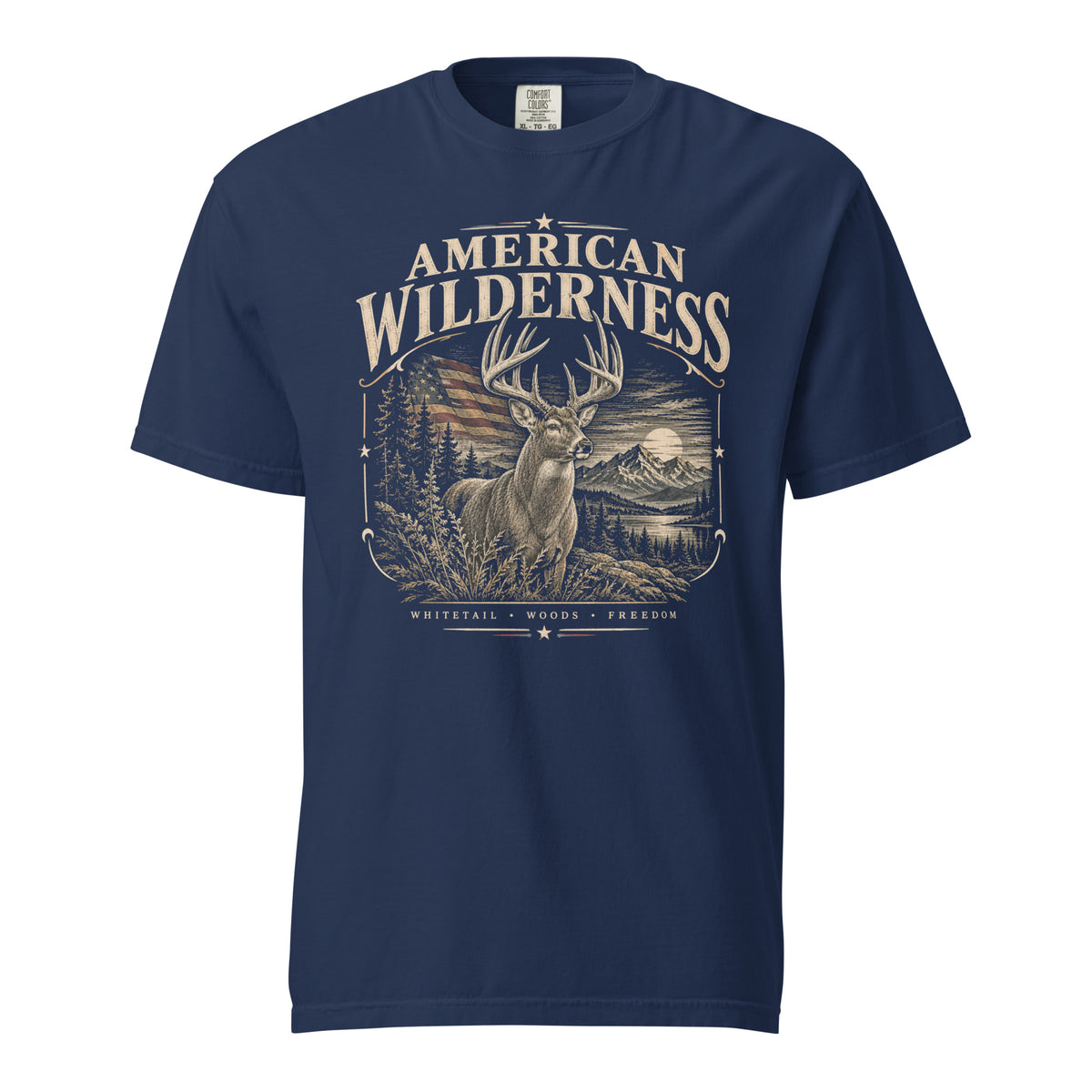 blue men's t-shirt with "American Wilderness" across the top, and a whitetail buck graphic with an American flag and small lettering along the bottom