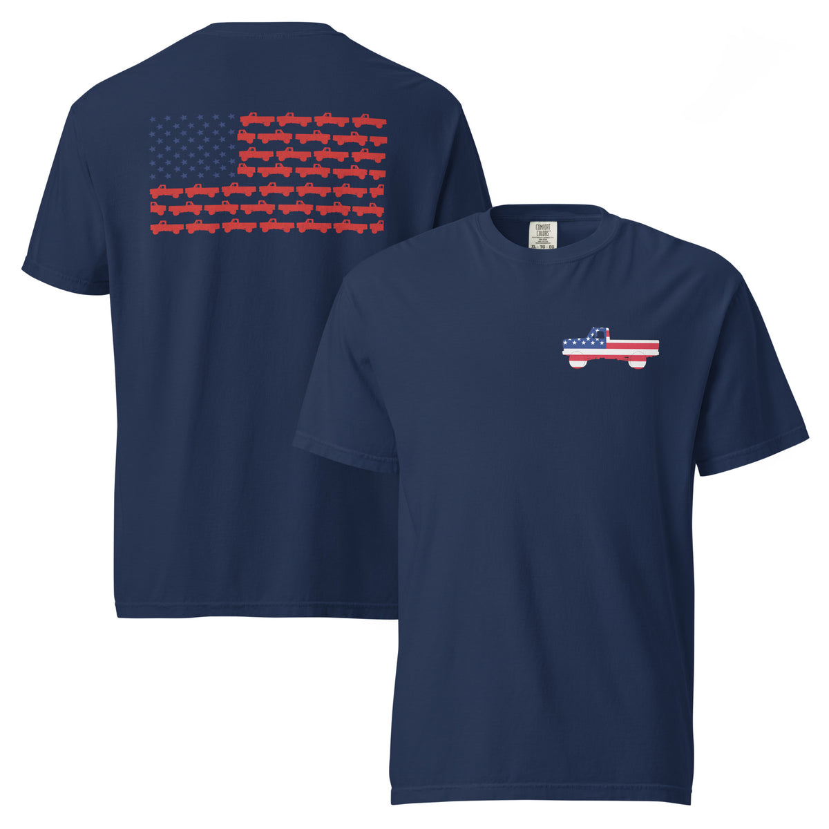 Navy men's t-shirt with American flag truck on the front and American flag made of trucks on the back
