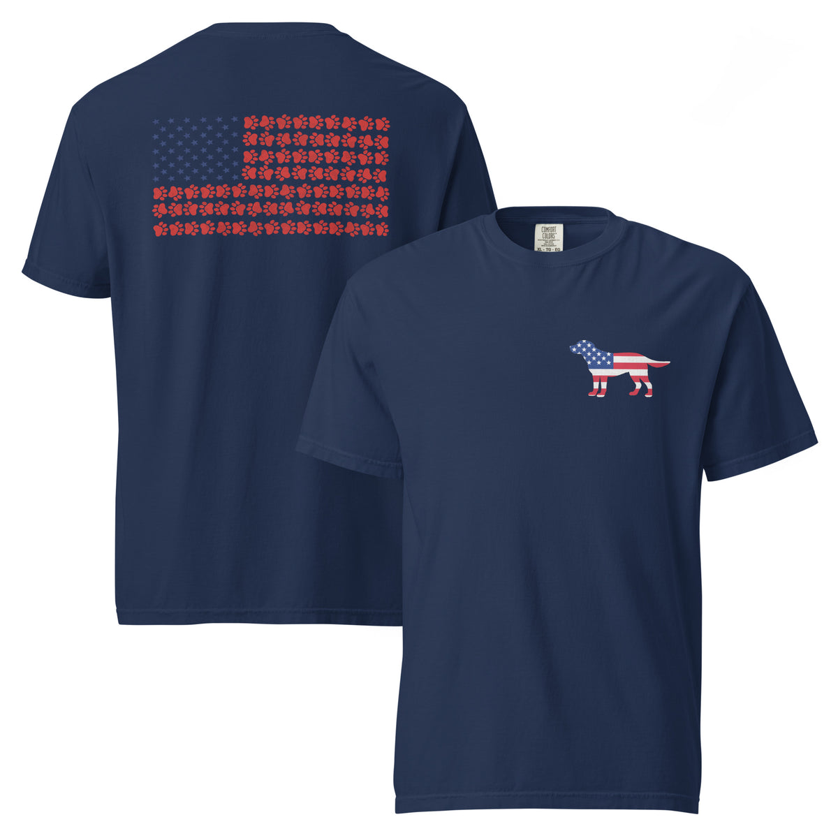 Navy men's t-shirt with American flag dog on front and American flag made of paw prints on the back