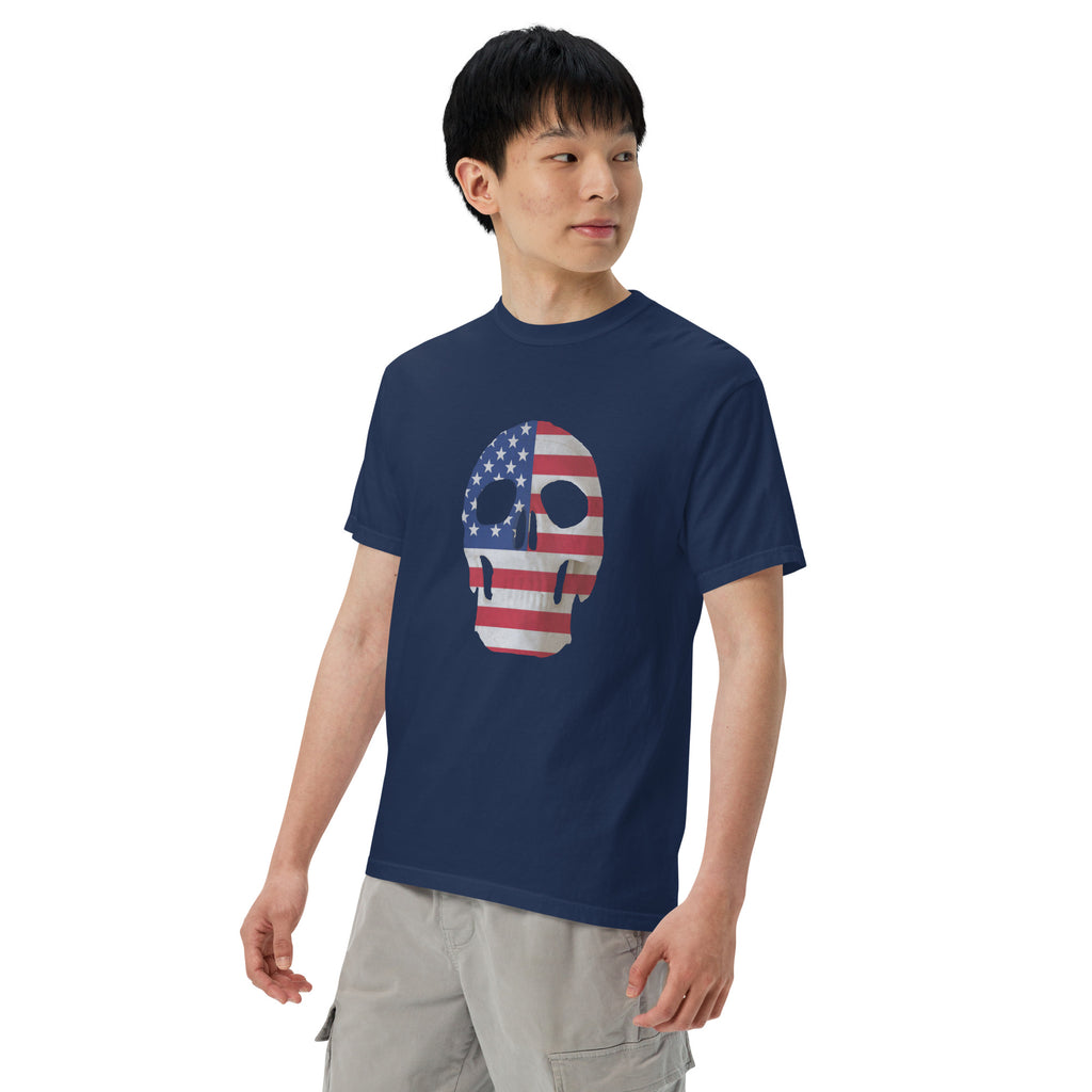 Men's navy t-shirt for Halloween with a skull and American flag combination on the front