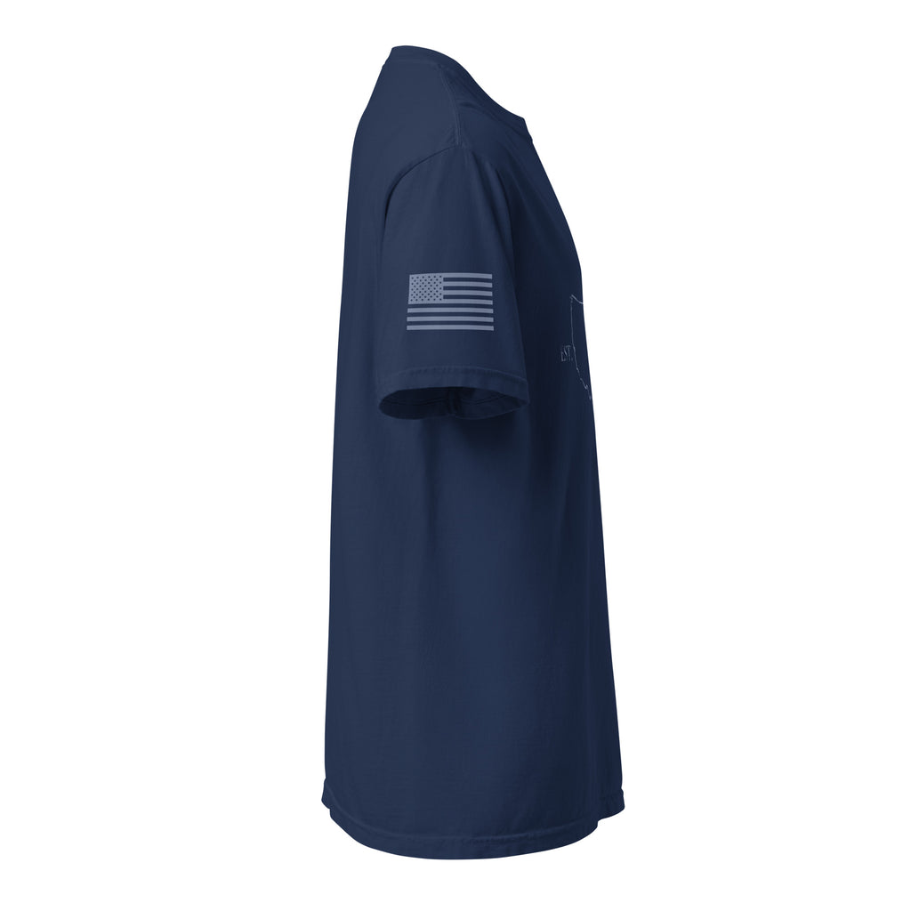 Blue men's USA outline 1776 and American flag sleeve t-shirt