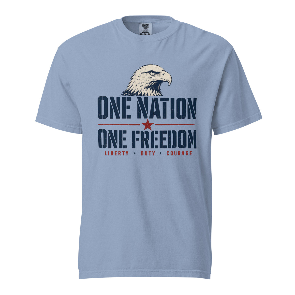 Blue men's t-shirt with an eagle head, and One Nation One Freedom written under. With some star accents and "Liberty Duty Courage" at the bottom.