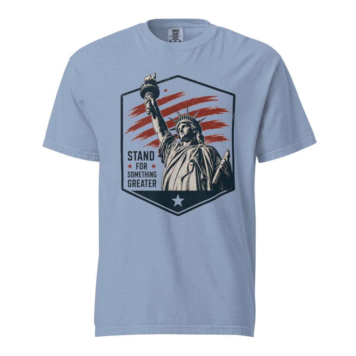Blue men's t-shirt with statue of liberty and red stripes, that says "Stand for something greater" beside it