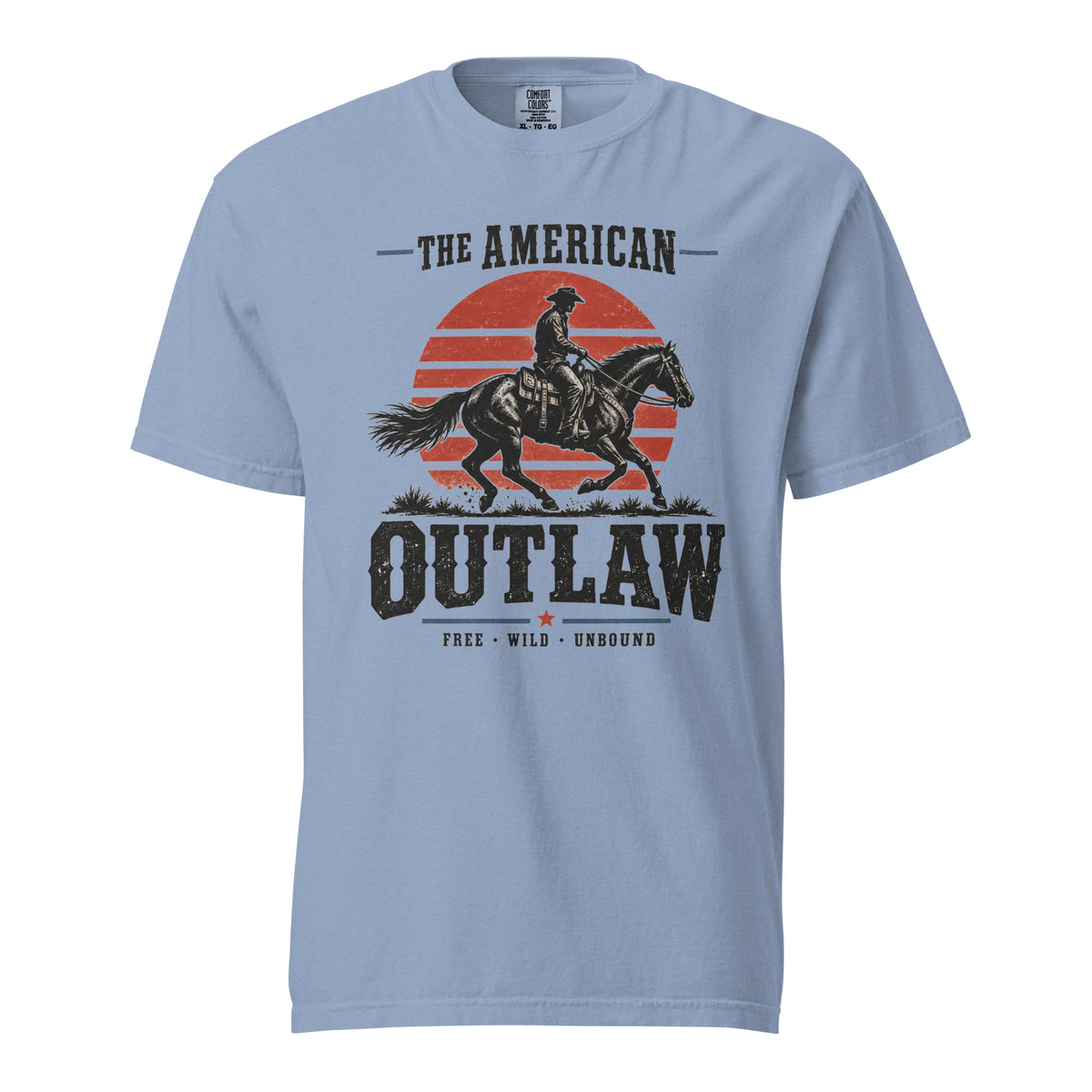 blue men's t-shirt with a sun setting silhouette and cowboy riding horse with "The American Outlaw" written above and below