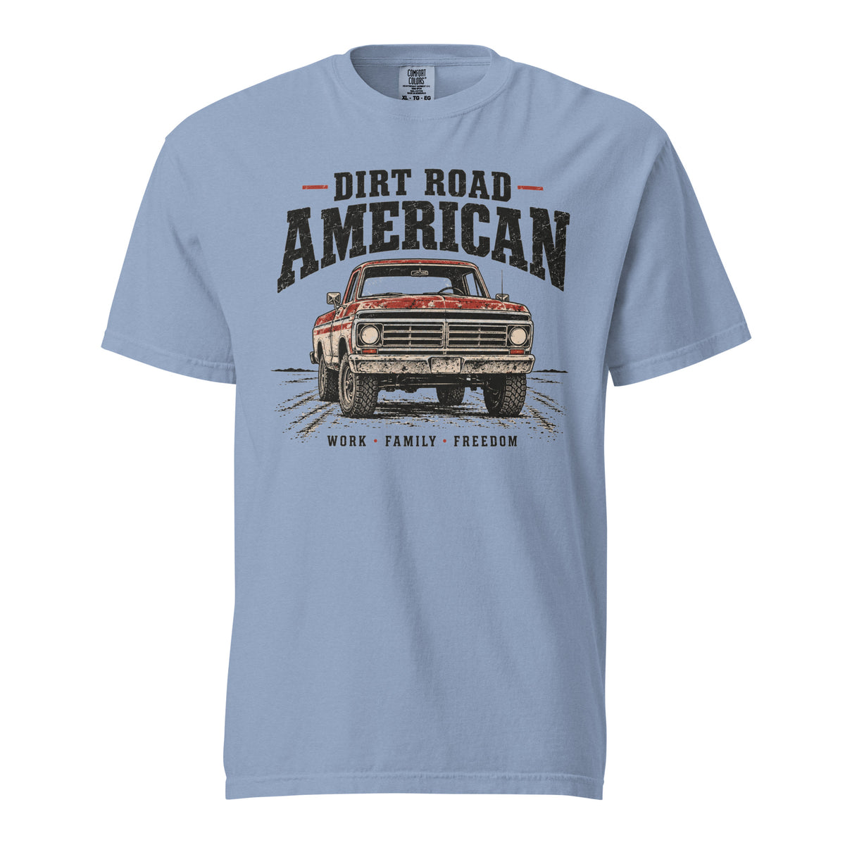 Blue men's t-shirt that says Dir Road American above a vintage American truck colored dusty red on a dirt road silhouette