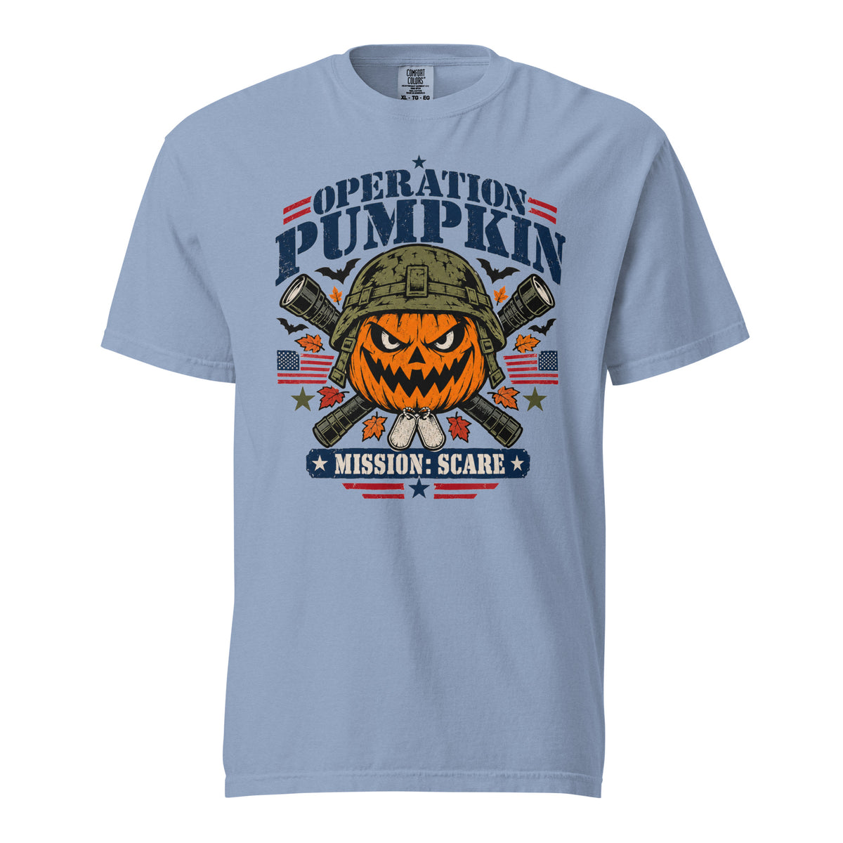 blue t-shirt with military pumpkin focal point, text saying "Operation pumpkin, Mission: Scare" along the top and bottom, with bats, leaves, and other fall accents