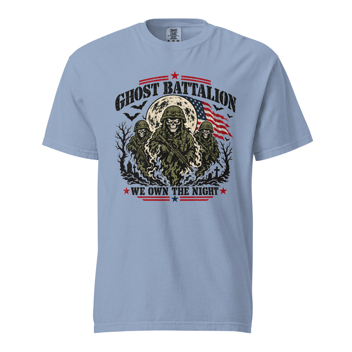 blue t-shirt with three skeleton military soldiers in spooky scene with Ghost Battalion written above and We Own the Night below