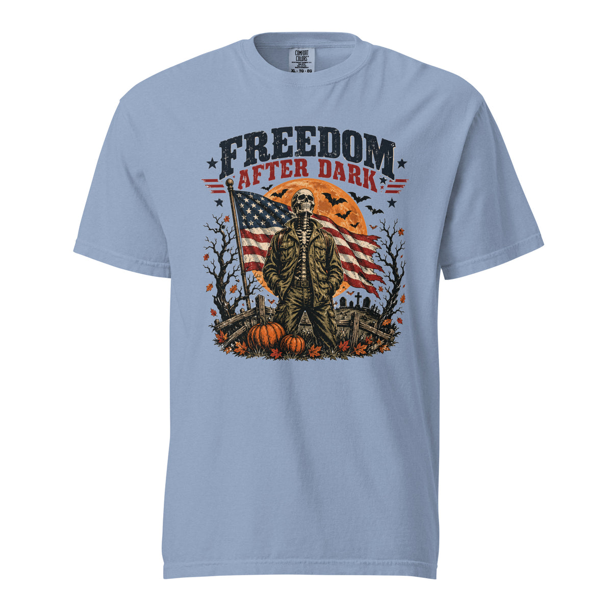 blue t-shirt with skeleton in front of American flag and moon, with Freedom after dark text above, and Halloween icon detail accents