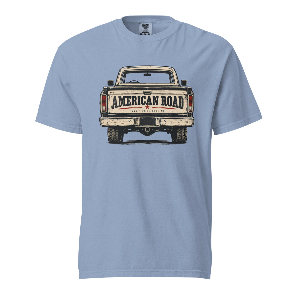 blue men's t-shirt with American Road written across the tailgate of a vintage American truck