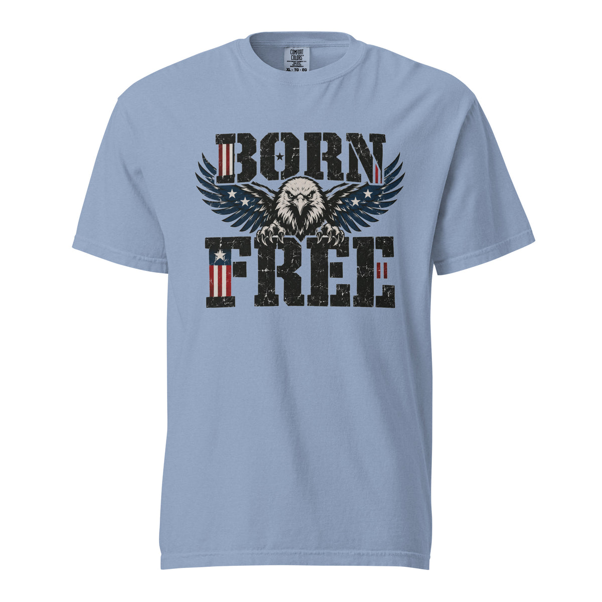 blue men's t-shirt with Born Free written in large letters and an eagle breaking through between them