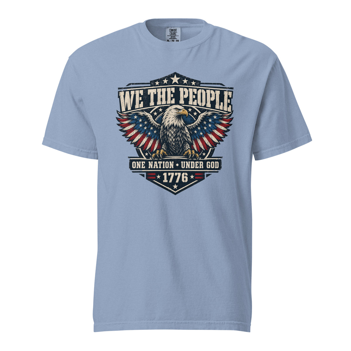 blue men's t-shirt with "we the people" across the top and an eagle graphic below, with written "One nation under god" and "1776" at the bottom