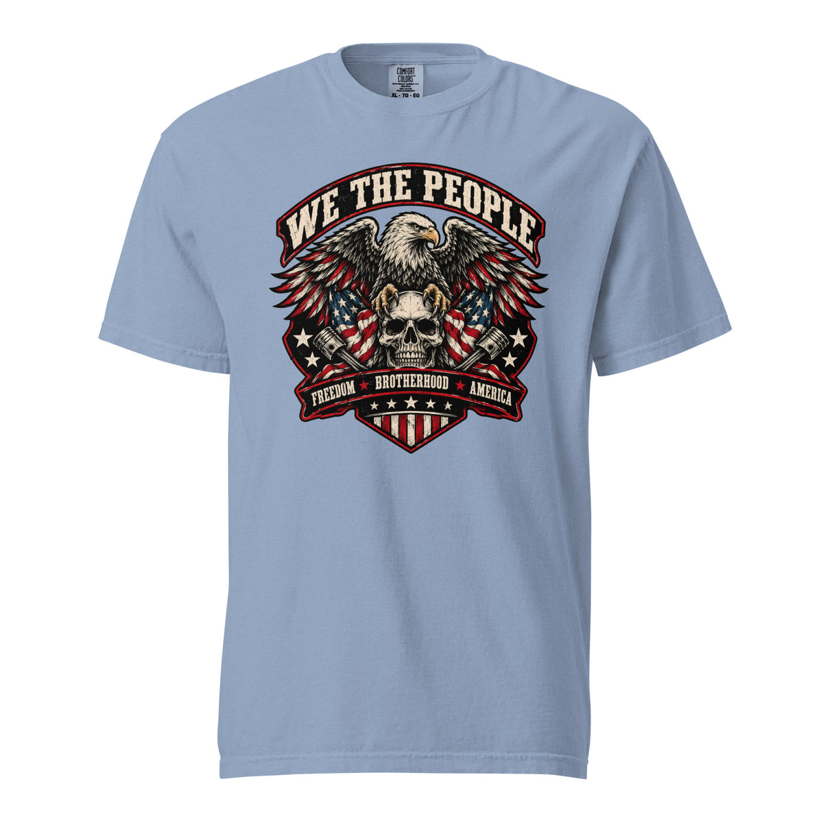 blue men's t-shirt with "we the people" across the top and an eagle standing on a skull graphic below, with written "Freedom Brotherhood America" at the bottom