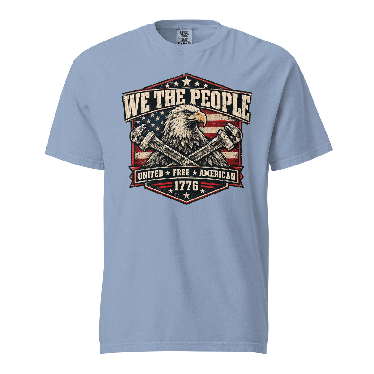 blue men's t-shirt with "we the people" across the top and an eagle with two wrenches graphic below, with written "United Free America" at the bottom