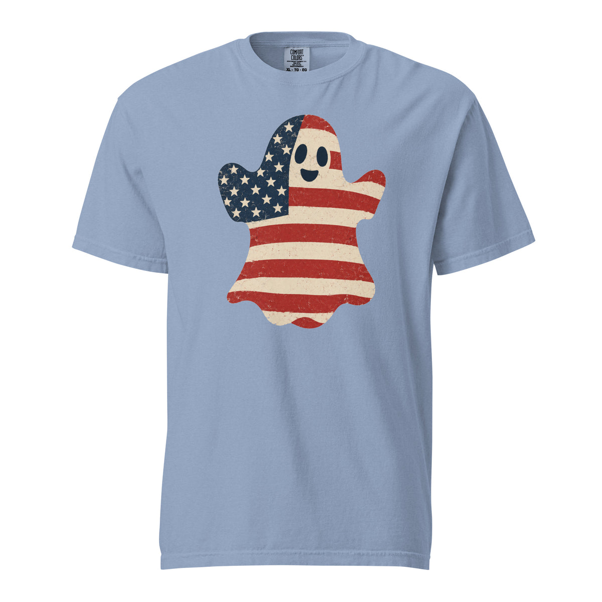 men's blue t-shirt for Halloween with a simple ghost silhouette filled with vintage American flag