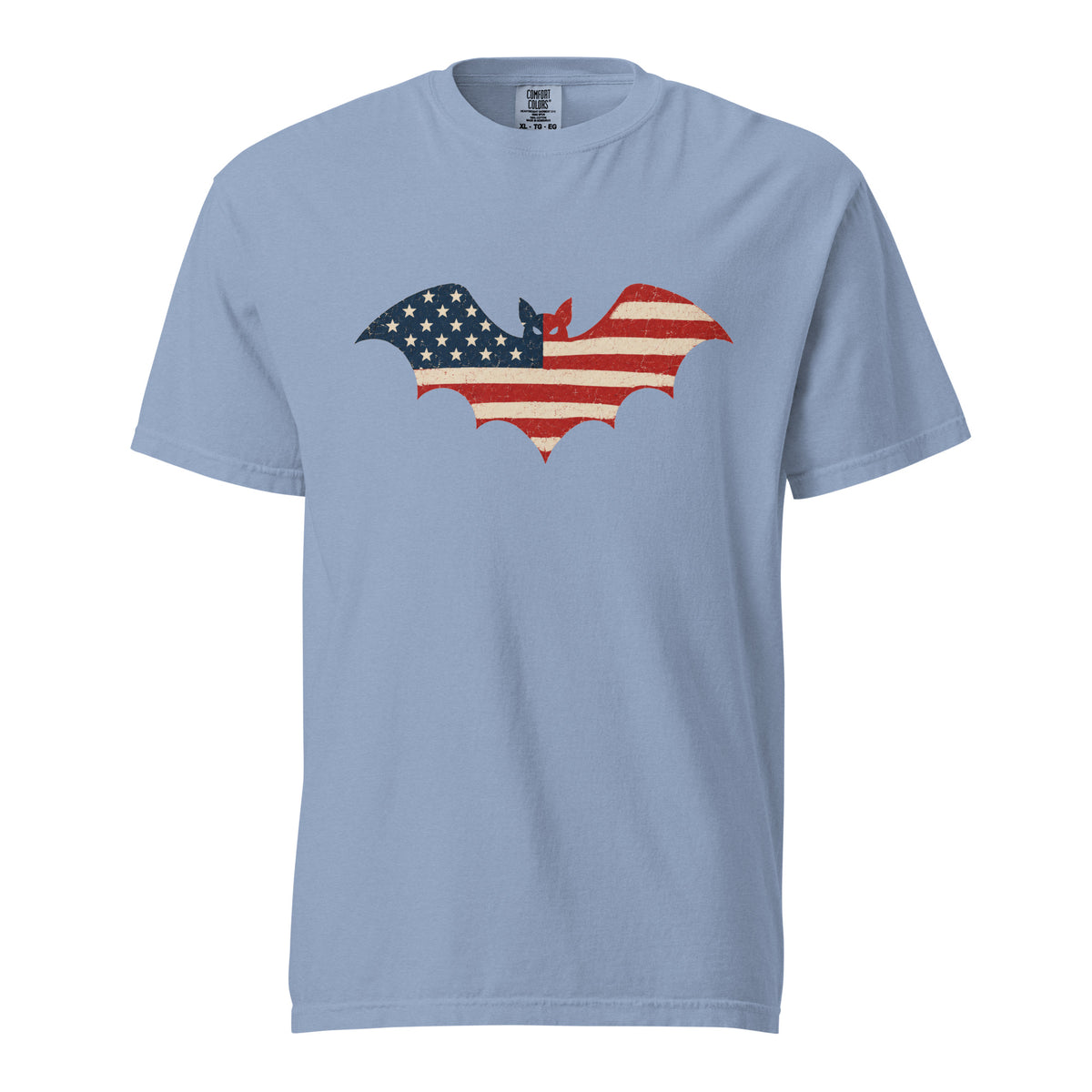 blue men's t-shirt for Halloween with a simple bat silhouette filled with vintage American flag