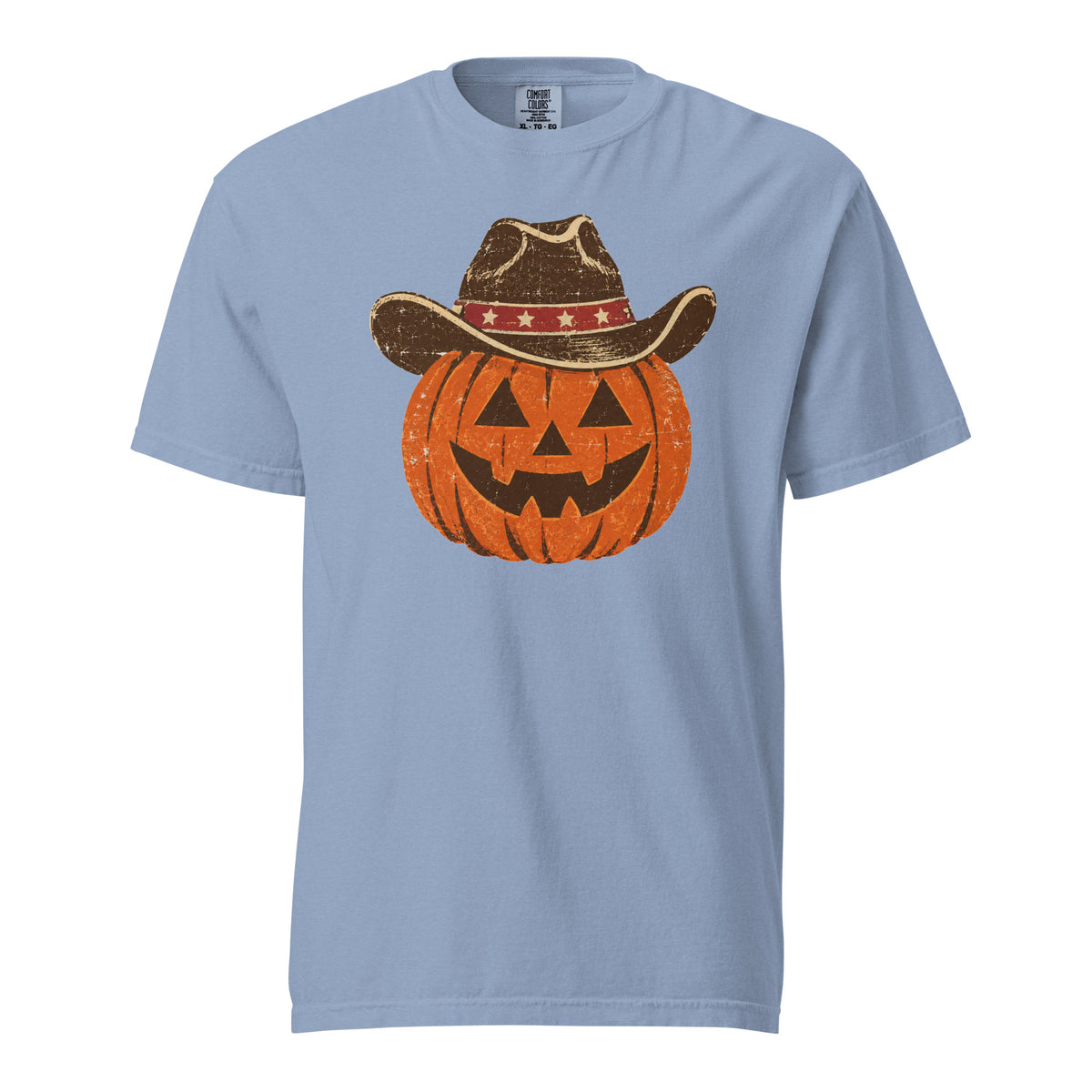 blue men's t-shirt for Halloween with a simple pumpkin carved silhouette with vintage American cowboy hat on top