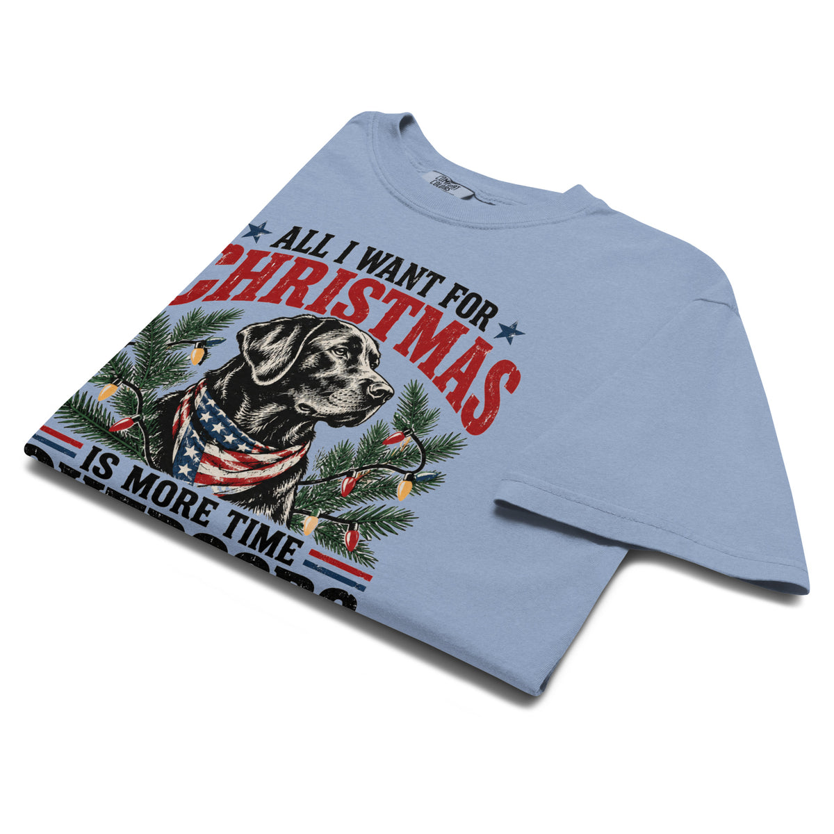 men's blue Christmas t-shirt with a dog and "All I want for christmas is more time outdoors" written across the top and bottom
