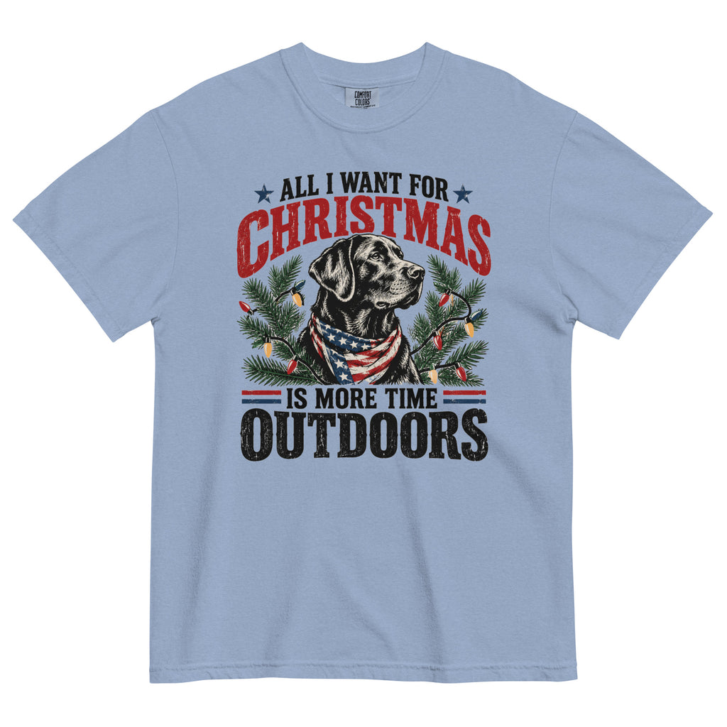 men's blue Christmas t-shirt with a dog and "All I want for christmas is more time outdoors" written across the top and bottom
