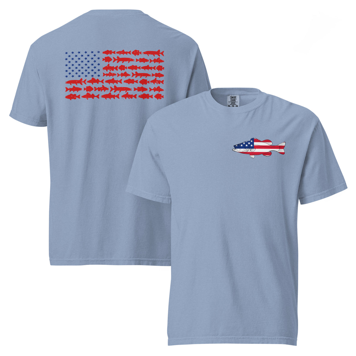Blue men's t-shirt with American flag Bass on the front and American flag made of freshwater fish on the back