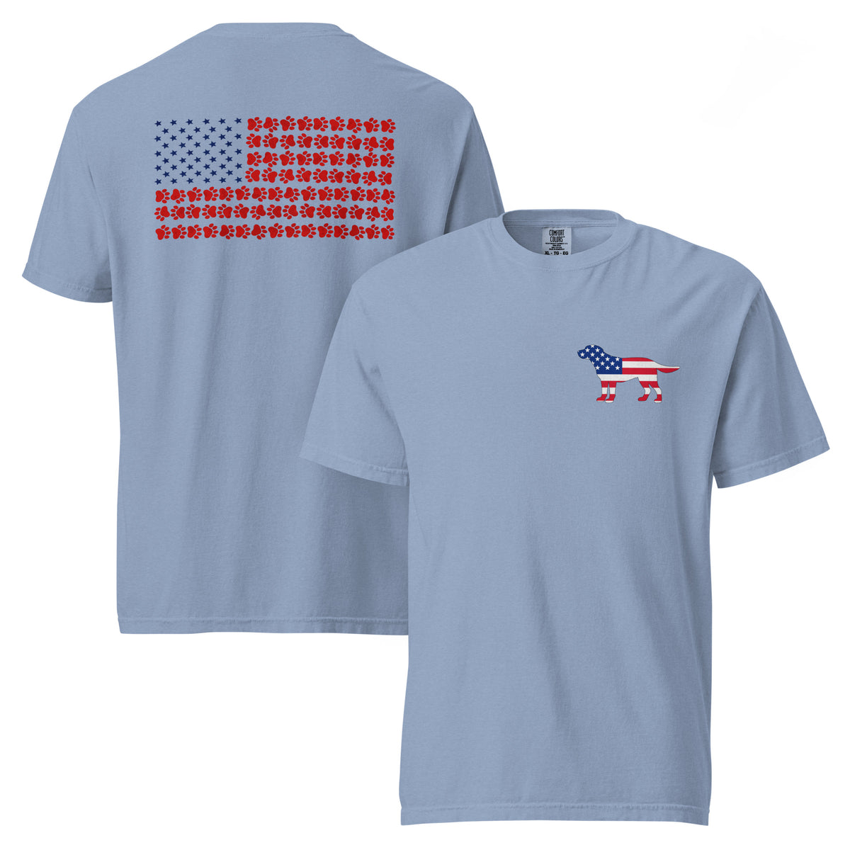 Blue men's t-shirt with American flag dog on front and American flag made of paw prints on the back