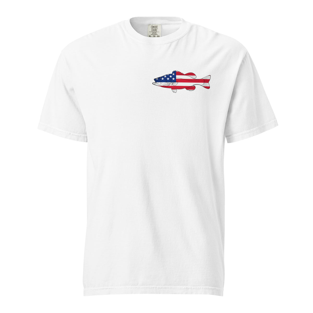 White men's t-shirt with American flag Bass on the front and American flag made of freshwater fish on the back
