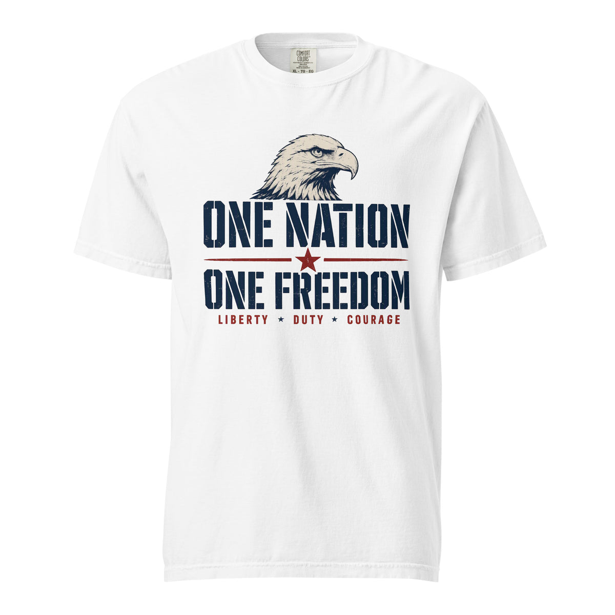White men's t-shirt with an eagle head, and One Nation One Freedom written under. With some star accents and "Liberty Duty Courage" at the bottom.