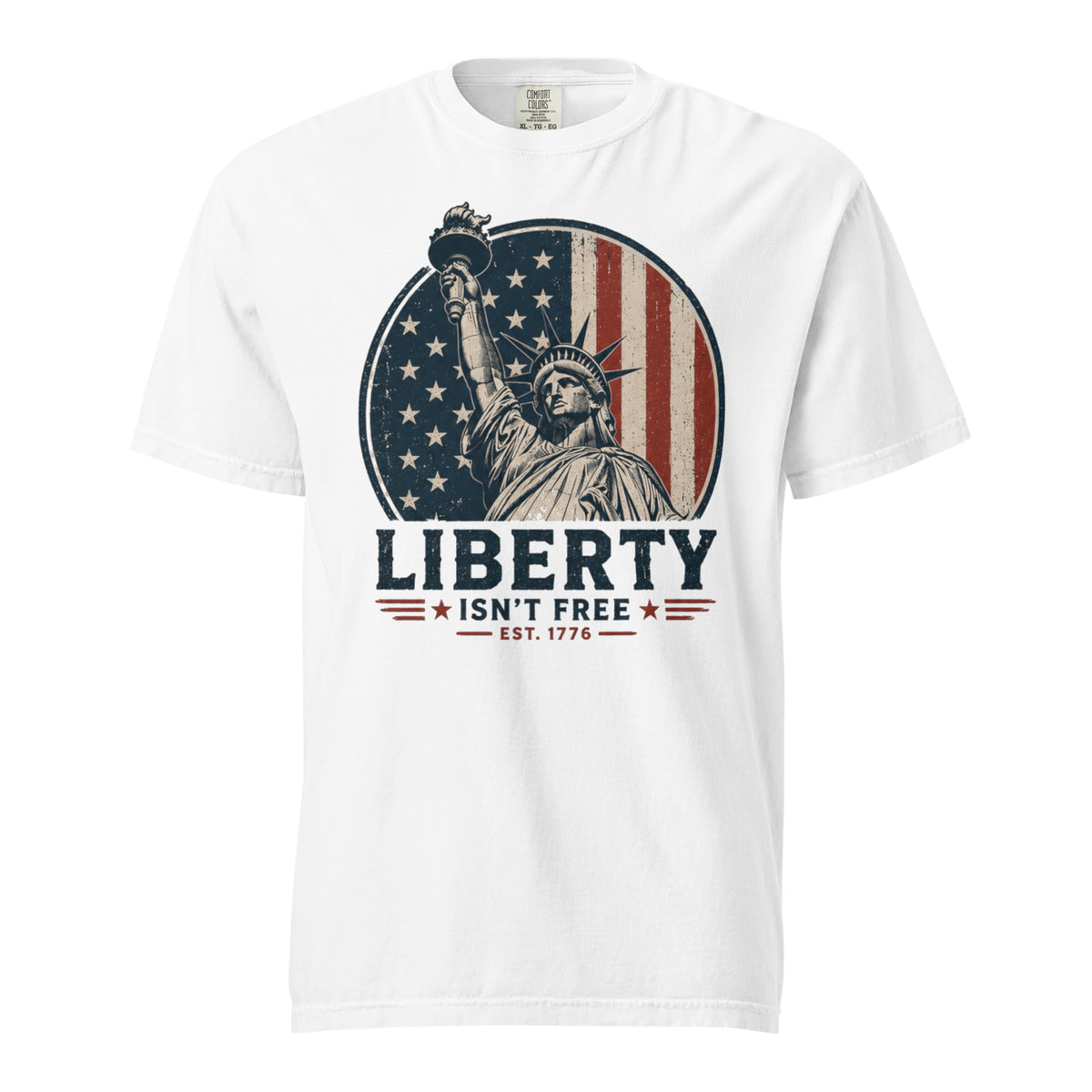 white men's t-shirt with American flag statue of liberty graphic, and text that says "Liberty isn't free" underneath