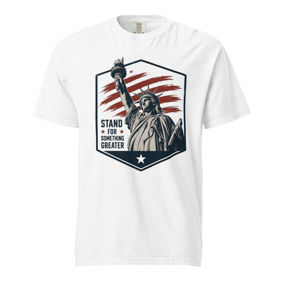 white men's t-shirt with statue of liberty and red stripes, that says "Stand for something greater" beside it