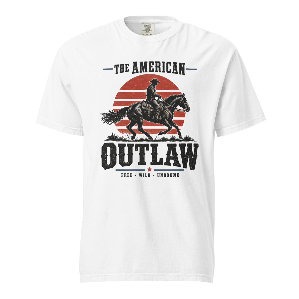 white men's t-shirt with a sun setting silhouette and cowboy riding horse with "The American Outlaw" written above and below