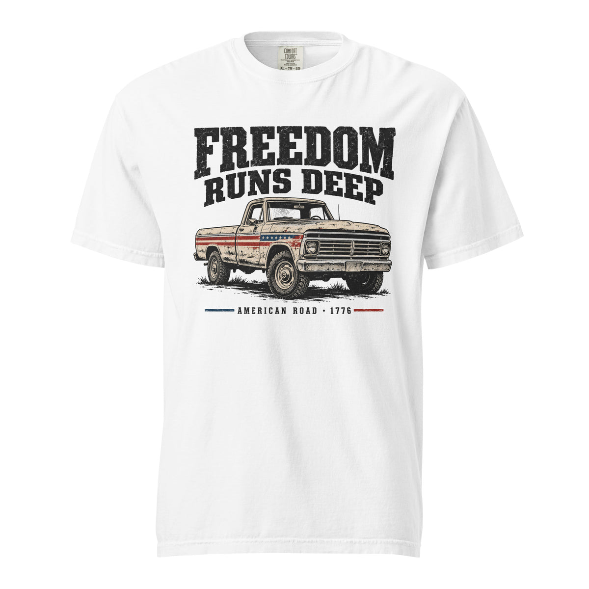 white men's t-shirt with Freedom Runs Deep written across the top above a vintage American truck 