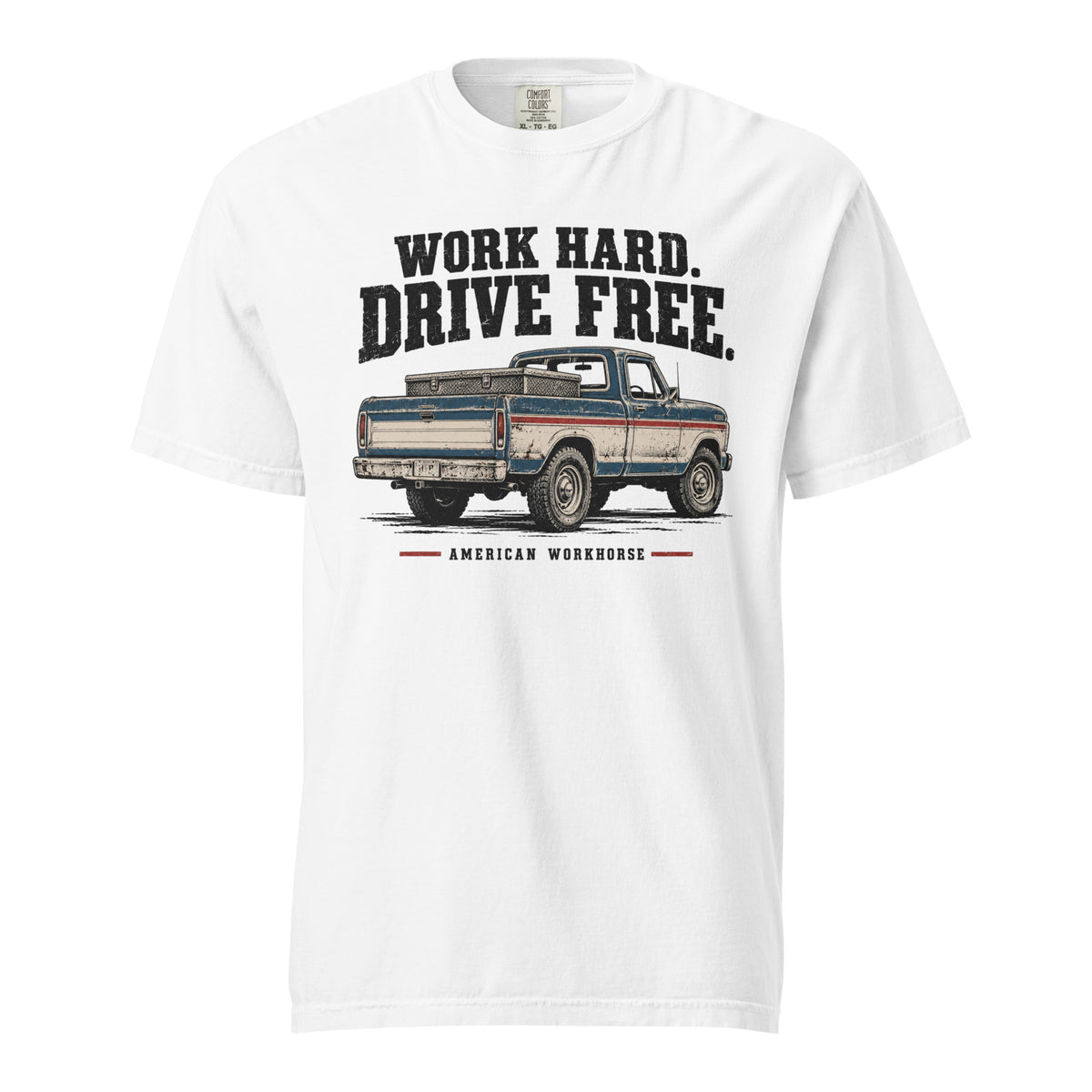 white men's t-shirt that says Work hard. Drive Free. above a vintage American truck colored dusty red, white and blue