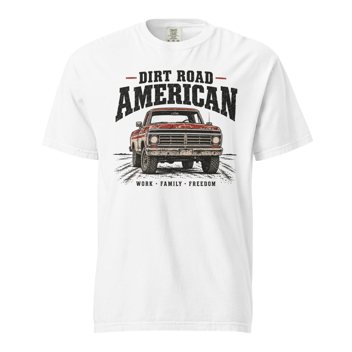 white men's t-shirt that says Dir Road American above a vintage American truck colored dusty red on a dirt road silhouette