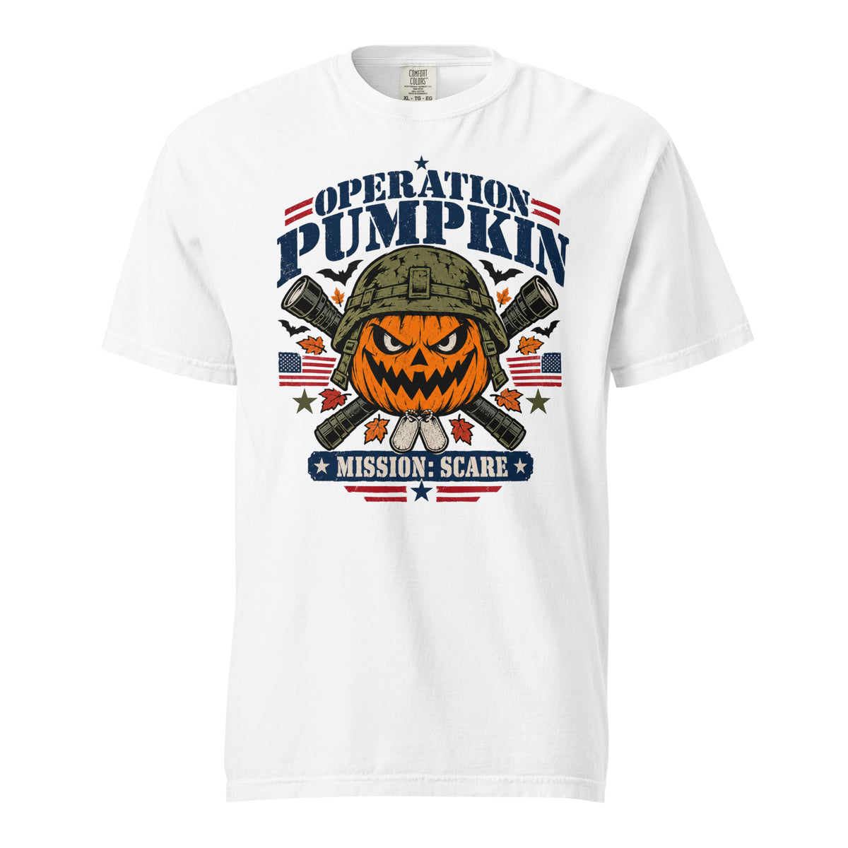 white t-shirt with military pumpkin focal point, text saying "Operation pumpkin, Mission: Scare" along the top and bottom, with bats, leaves, and other fall accents