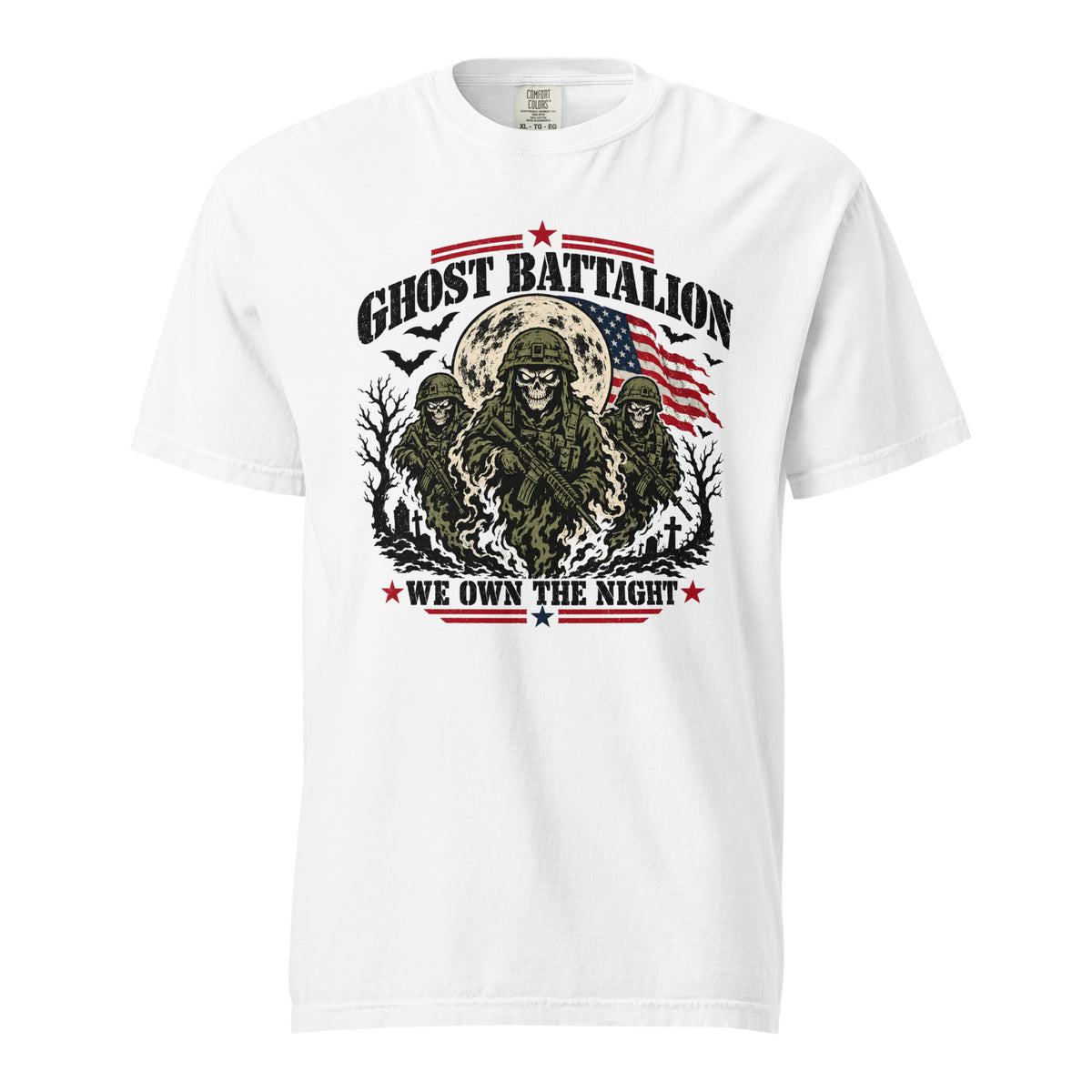 white t-shirt with three skeleton military soldiers in spooky scene with Ghost Battalion written above and We Own the Night below