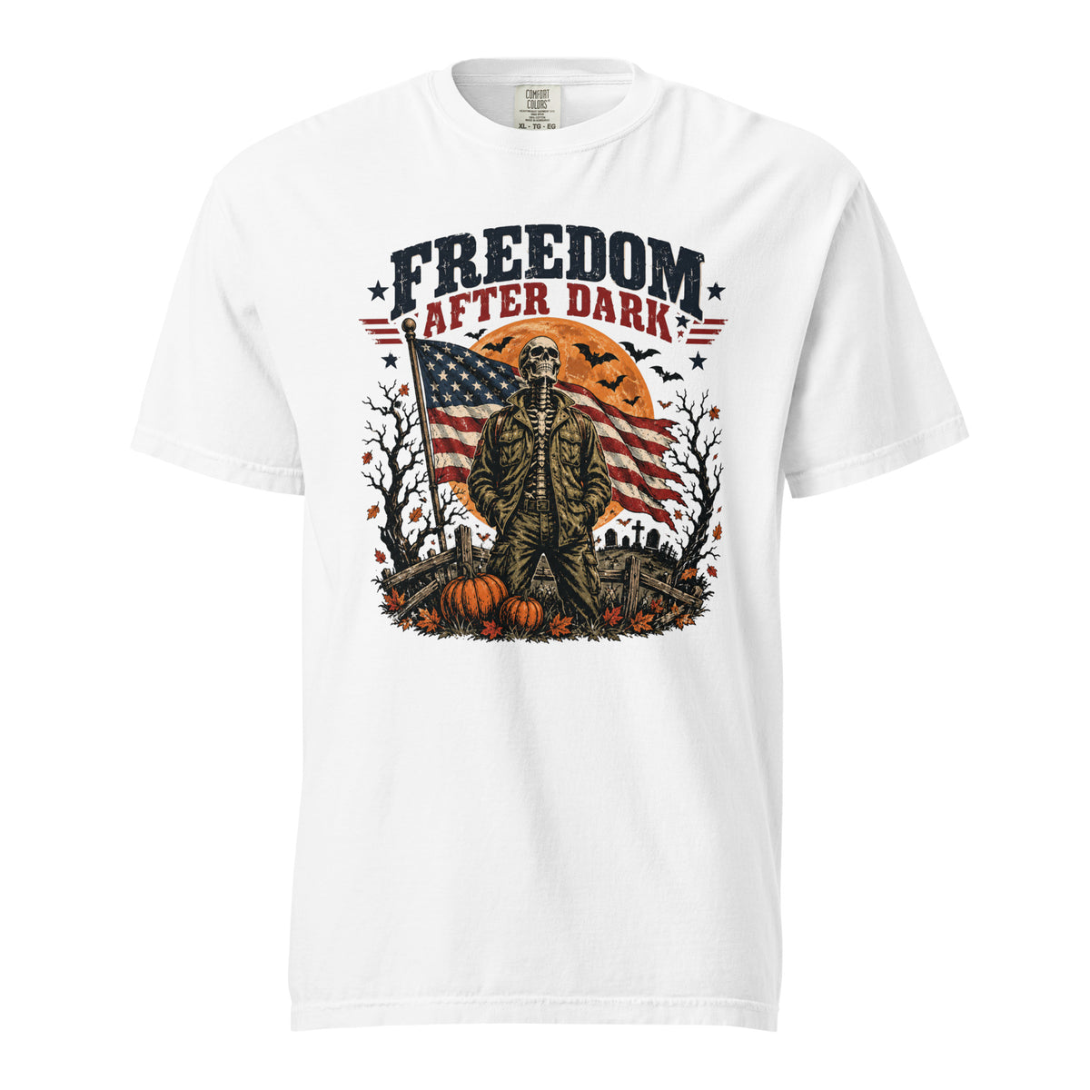 white t-shirt with skeleton in front of American flag and moon, with Freedom after dark text above, and Halloween icon detail accents