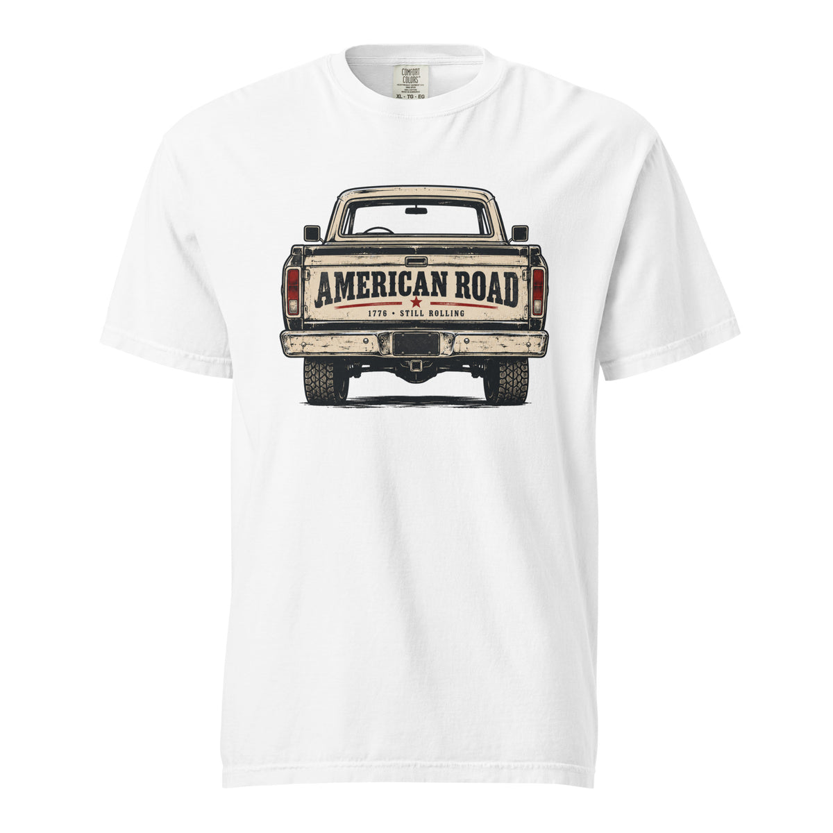 white men's t-shirt with American Road written across the tailgate of a vintage American truck