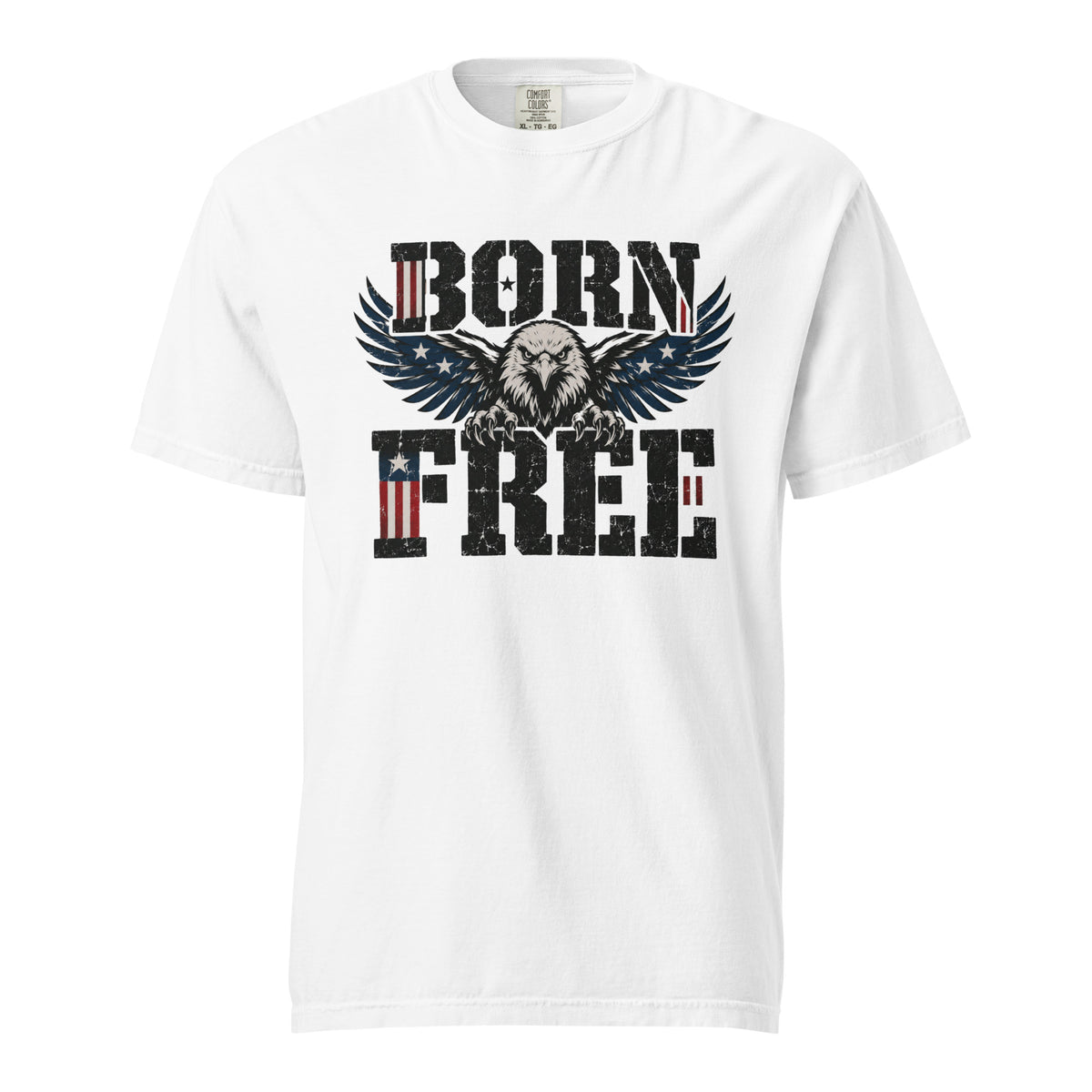white men's t-shirt with Born Free written in large letters and an eagle breaking through between them
