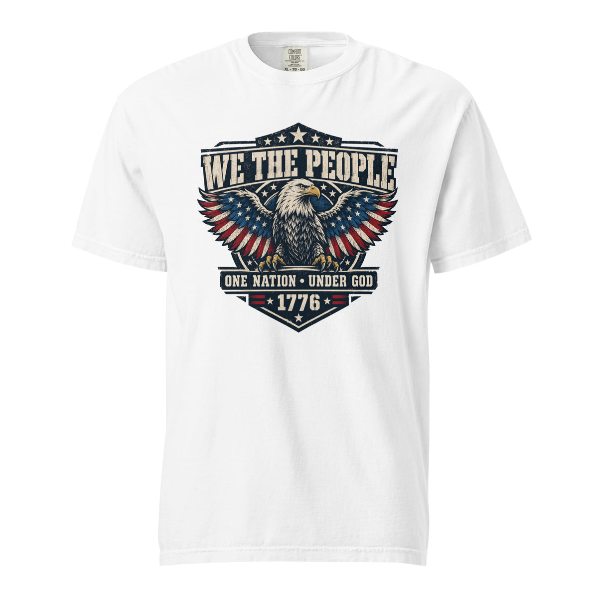 white men's t-shirt with "we the people" across the top and an eagle graphic below, with written "One nation under god" and "1776" at the bottom
