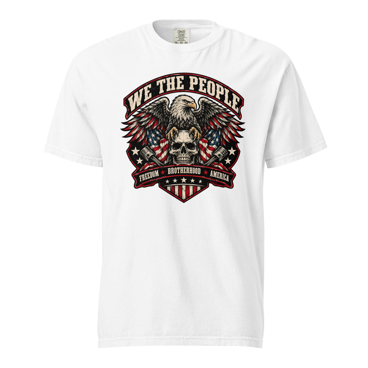 white men's t-shirt with "we the people" across the top and an eagle standing on a skull graphic below, with written "Freedom Brotherhood America" at the bottom