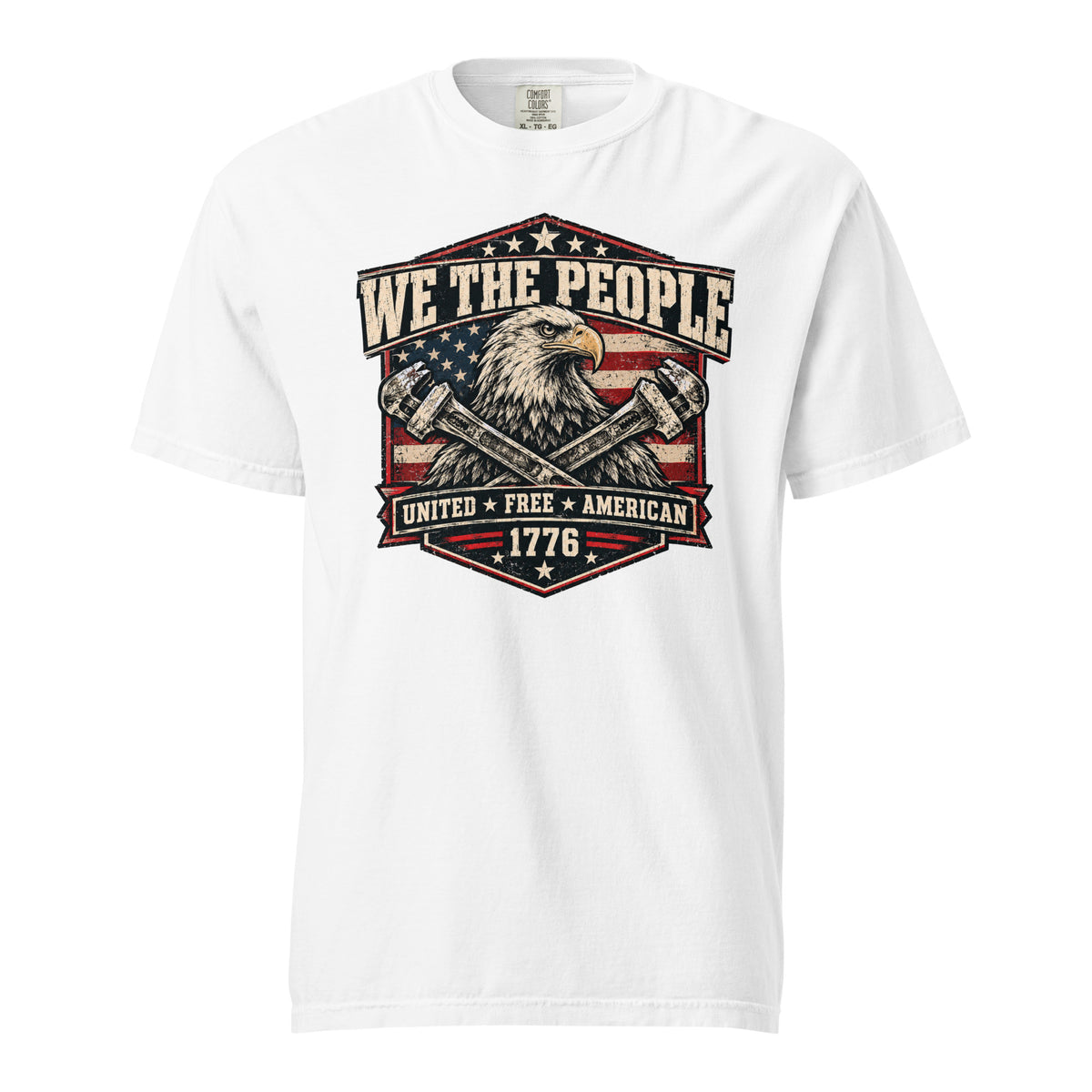 white men's t-shirt with "we the people" across the top and an eagle with two wrenches graphic below, with written "United Free America" at the bottom