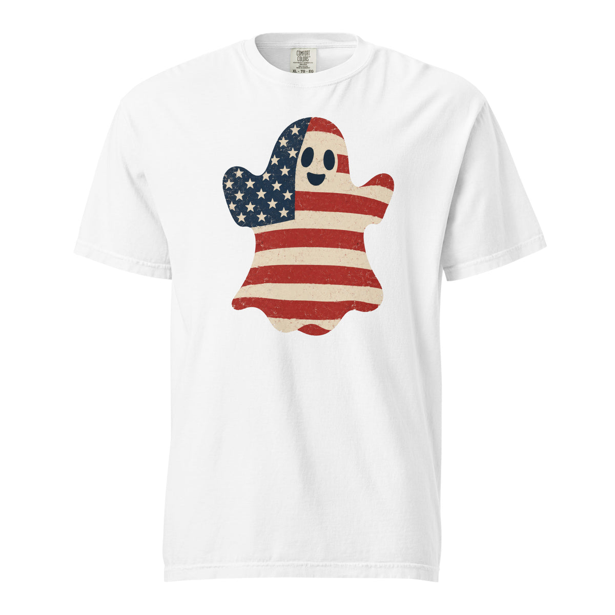 men's white t-shirt for Halloween with a simple ghost silhouette filled with vintage American flag