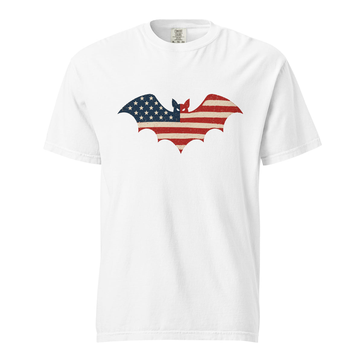 white men's t-shirt for Halloween with a simple bat silhouette filled with vintage American flag