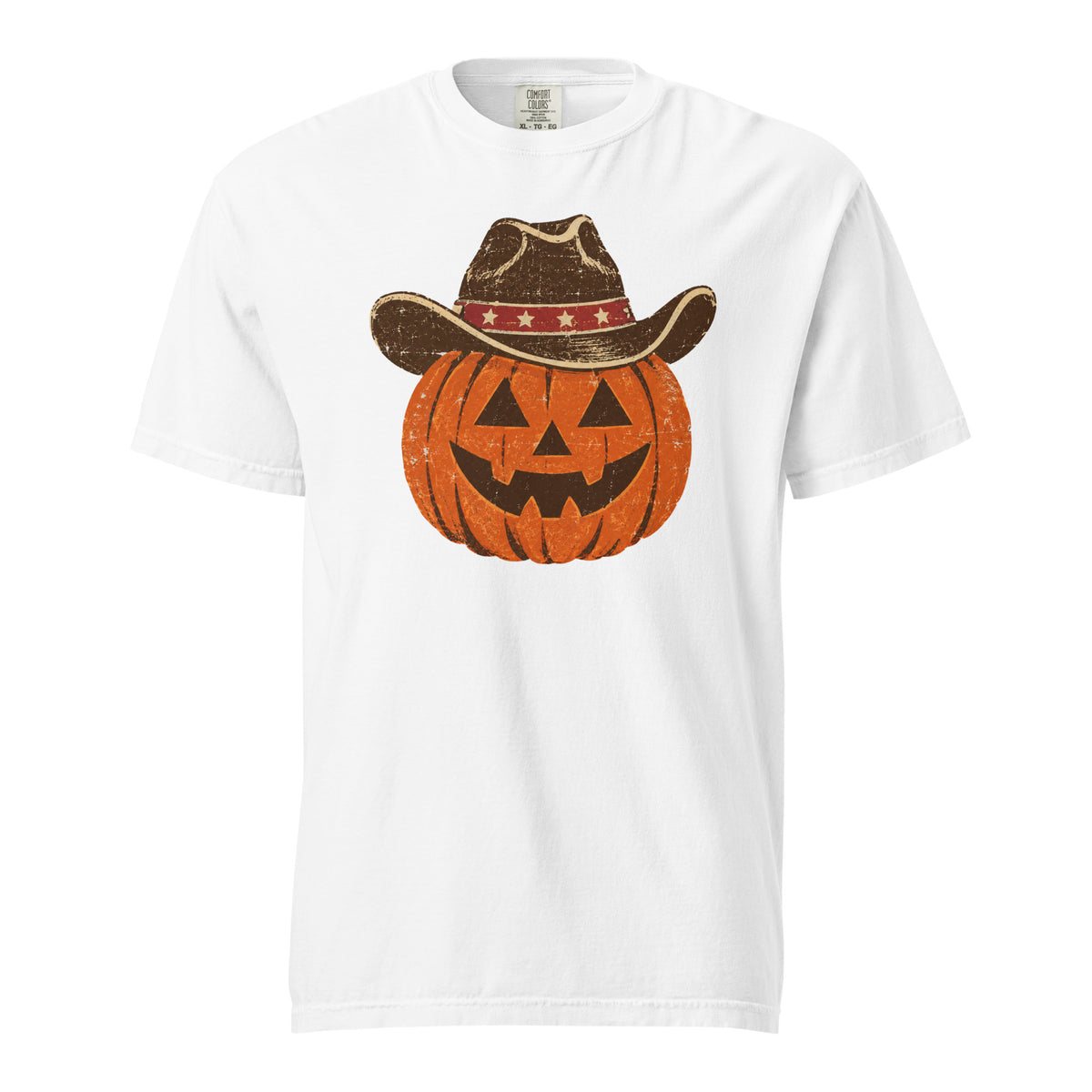 white men's t-shirt for Halloween with a simple pumpkin carved silhouette with vintage American cowboy hat on top
