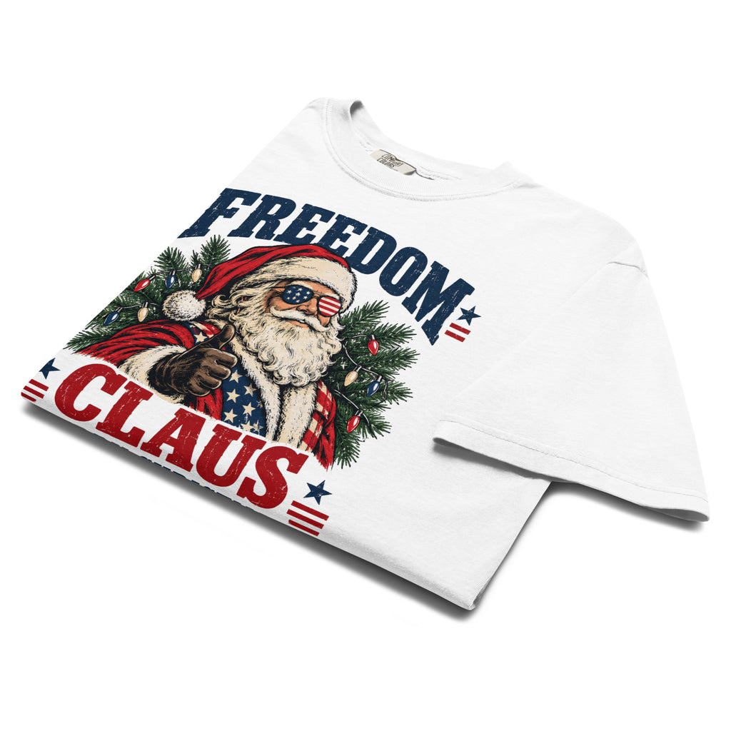 men's white Christmas t-shirt with patriotic Santa and "Freedom Claus, Merry Christmas" written along the top and bottom