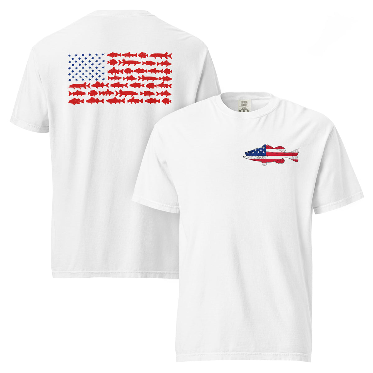 White men's t-shirt with American flag Bass on the front and American flag made of freshwater fish on the back