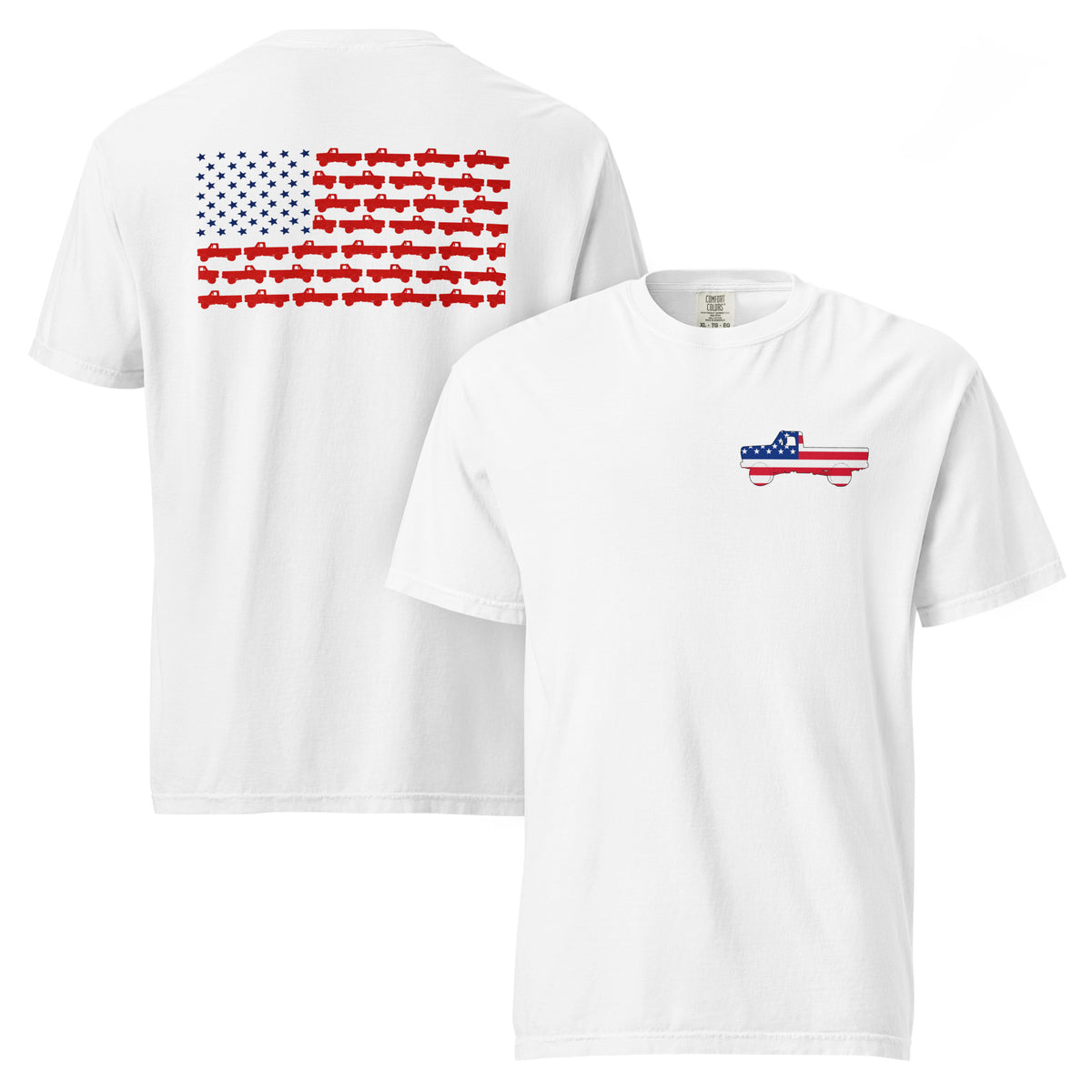 White men's t-shirt with American flag truck on the front and American flag made of trucks on the back