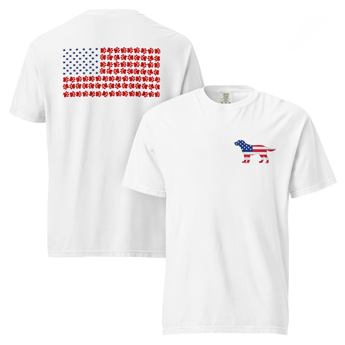 White men's t-shirt with American flag dog on front and American flag made of paw prints on the back